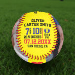 Custom Baby Birth Announcement with Photo & Stats Softball<br><div class="desc">Celebrate your new little MVP with this personalized baby birth stats softball! A perfect keepsake for sporty families, this softball can be customized with your baby’s name, birth date, time, weight (pounds and ounces), length, place of birth, and up to two photos. You can also add a special message, such...</div>