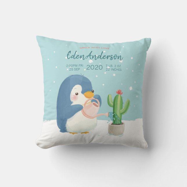 [Custom]Baby BirthStat Cute Penguin Cactus Nursery Throw Pillow (Front)