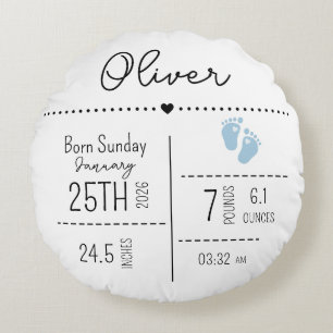 Custom Baby Boy Birth Stats Photo Keepsake Round Pillow