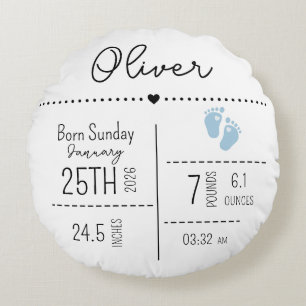 Custom Baby Boy Birth Stats Photo Keepsake Round Pillow