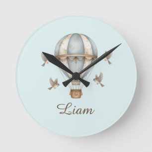 Custom Baby Boy Name Watercolor Vintage Hot Air Ba Round Clock