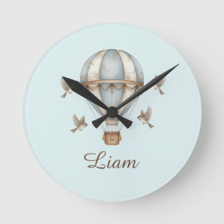 Custom Baby Boy Name Watercolor Vintage Hot Air Ba Round Clock