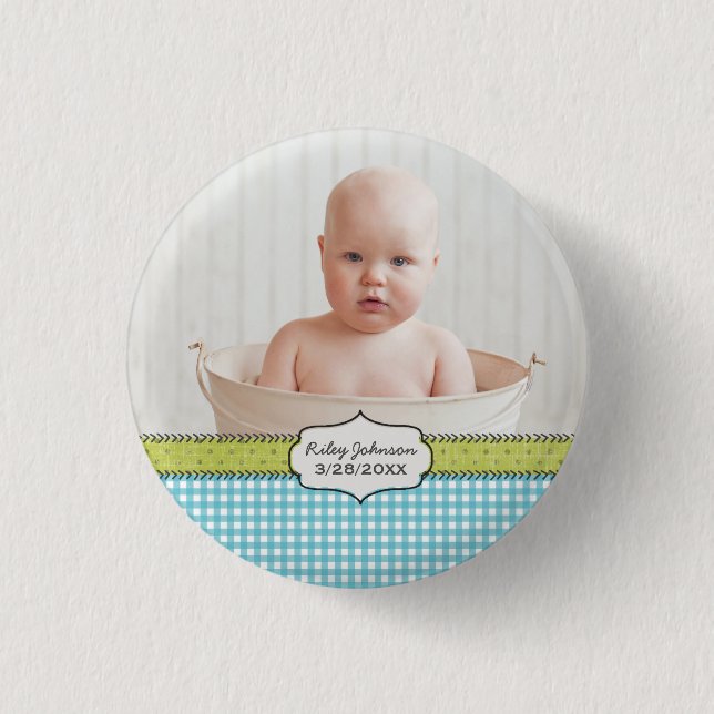 Custom baby boy photo name and birthday keepsake 1 inch round button (Front)