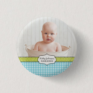 Custom baby boy photo name and birthday keepsake 1 inch round button