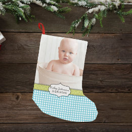 Custom baby boy photo name and birthday keepsake small christmas stocking