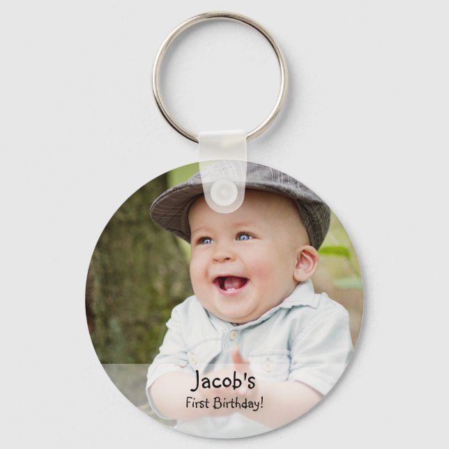 Custom Baby boy's first birthday photo name favour Keychain (Front)