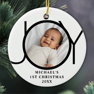 Custom Baby Boy's First Christmas Joy Photo Ceramic Ornament