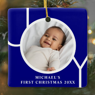 Custom Baby Boy's First Christmas Photo Blue Ceramic Ornament