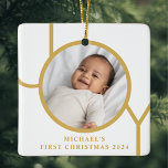 Custom Baby Boy's First Christmas Photo Ceramic Ornament<br><div class="desc">This stylish Baby Boy's First Christmas Photo Ornament is decorated with the word JOY in gold on a white background.
Easily customizable with your photo,  name,  and year.</div>