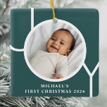 Custom Baby Boy's First Christmas Photo Green Ceramic Ornament<br><div class="desc">This stylish Baby Boy's First Christmas Photo Ornament is decorated with the word JOY on a dark green background.
Easily customizable with your photo,  name,  and year.</div>