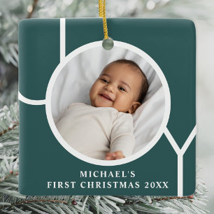 Custom Baby Boy's First Christmas Photo Green Ceramic Ornament