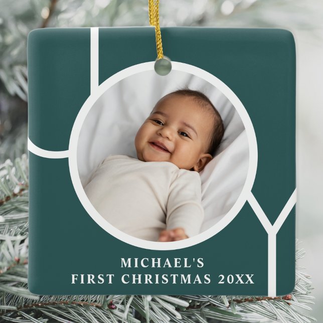 Custom Baby Boy's First Christmas Photo Green Ceramic Ornament (Creator Uploaded)