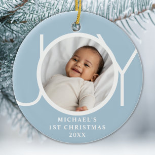 Custom Baby Boy's First Christmas Photo Joy Blue Ceramic Ornament