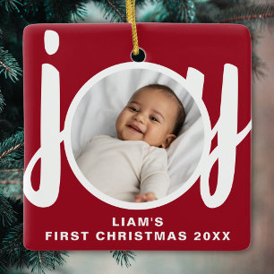 Custom Baby Boy's First Christmas Photo Red  Ceramic Ornament