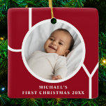 Custom Baby Boy's First Christmas Photo Red Ceramic Ornament<br><div class="desc">This stylish Baby Boy's First Christmas Photo Ornament is decorated with the word JOY on a maroon red background.
Easily customizable with your photo,  name,  and year.</div>