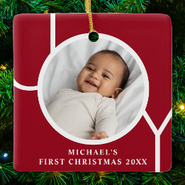 Custom Baby Boy's First Christmas Photo Red Ceramic Ornament