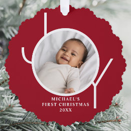 Custom Baby Boy's First Christmas Photo Red Ornament Card