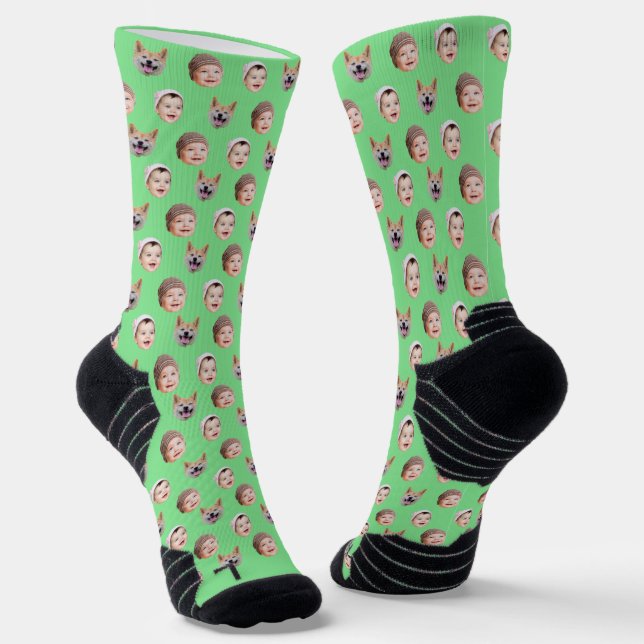 Custom Baby Face, Custom Family 3 Photos Green Socks (Angled)