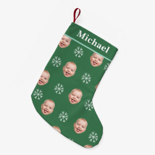 Custom Baby Face & Name Green Snowflake Small Christmas Stocking
