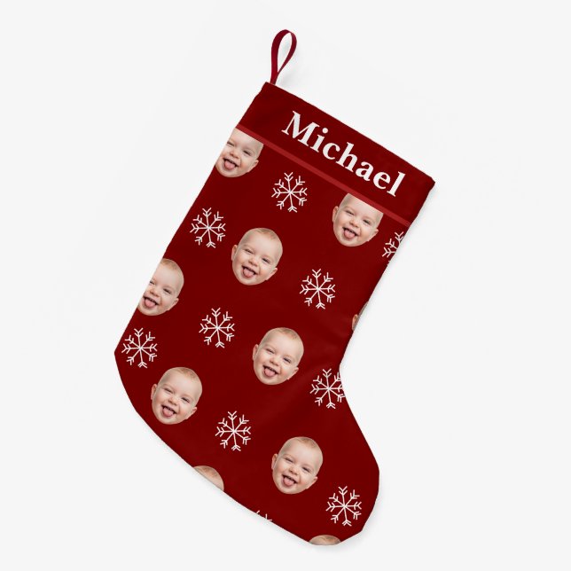 Custom Baby Face & Name Red Snowflake Small Christmas Stocking (Front (Hanging))