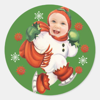 Custom Baby Face Photo Chubby Santa Snowflakes Classic Round Sticker