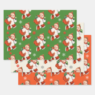 Custom Baby Face Photo Chubby Santa Snowflakes Wrapping Paper Sheet