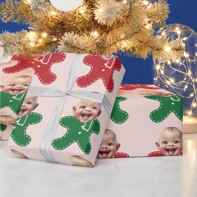 Custom Baby Face Photo Gingerbread Men Christmas Wrapping Paper (Holidays)