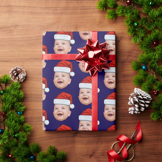 Custom Baby Face Photo Santa Hat Christmas Blue Wrapping Paper (Holiday Gift)