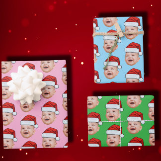 Custom Baby Face Photo Santa Hat Christmas Pink Wrapping Paper Sheet