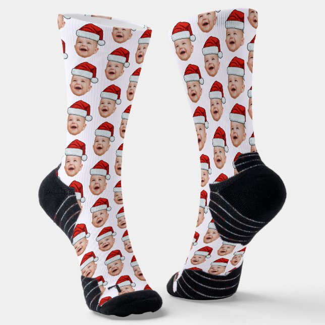 Custom Baby Face Photo Santa Hat Christmas Socks (Angled)