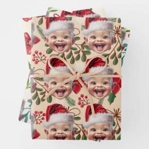 Custom Baby Face Santa Hat Christmas Photo Wrapping Paper Sheet