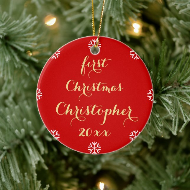 Custom Baby First Christmas Faux Gold Script Name Ceramic Ornament (Tree)
