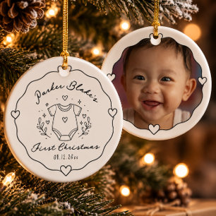 Custom Baby First Christmas Photo Heart Frame Ceramic Ornament