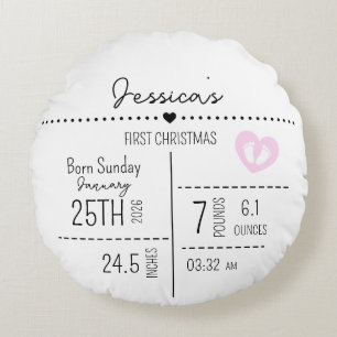 Custom Baby Girl Birth Stats Photo Keepsake  Round Pillow