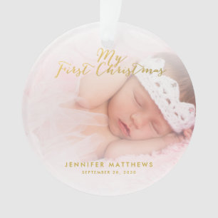 Custom Baby Girl Gold Script First Christmas Photo Ornament