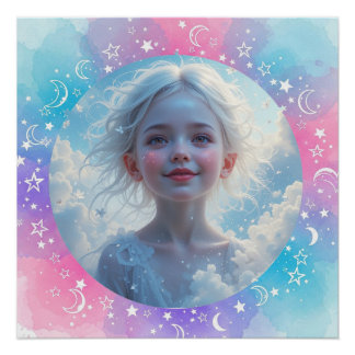 Custom Baby Girl – Pastel Watercolor Stars & Moon Poster