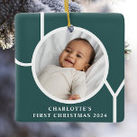 Custom Baby Girl's First Christmas Photo Green Ceramic Ornament<br><div class="desc">This stylish Baby Girl's First Christmas Photo Ornament is decorated with the word JOY on a dark green background.
Easily customizable with your photo,  name,  and year.</div>