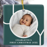 Custom Baby Girl's First Christmas Photo Green Ceramic Ornament<br><div class="desc">This stylish Baby Girl's First Christmas Photo Ornament is decorated with the word JOY on a dark green background.
Easily customizable with your photo,  name,  and year.</div>