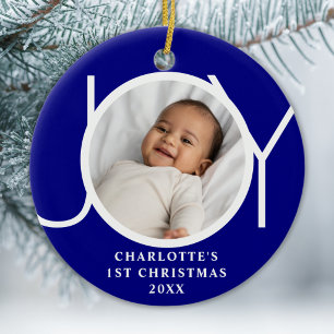 Custom Baby Girl's First Christmas Photo Joy Blue Ceramic Ornament