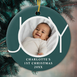 Custom Baby Girl's First Christmas Photo Joy Green Ceramic Ornament