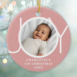 Custom Baby Girl's First Christmas Photo Joy Pink Ceramic Ornament