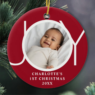 Custom Baby Girl's First Christmas Photo Joy Red Ceramic Ornament