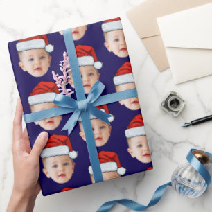 Custom Baby Head Face Photo Santa Hat Xmas Blue Wrapping Paper