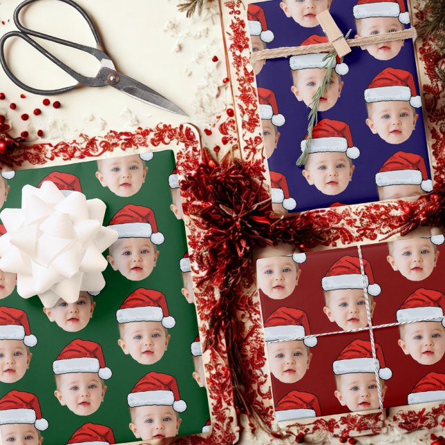 Custom Baby Head Face Photo Santa Hat Xmas Wrapping Paper Sheet (Creator Uploaded)