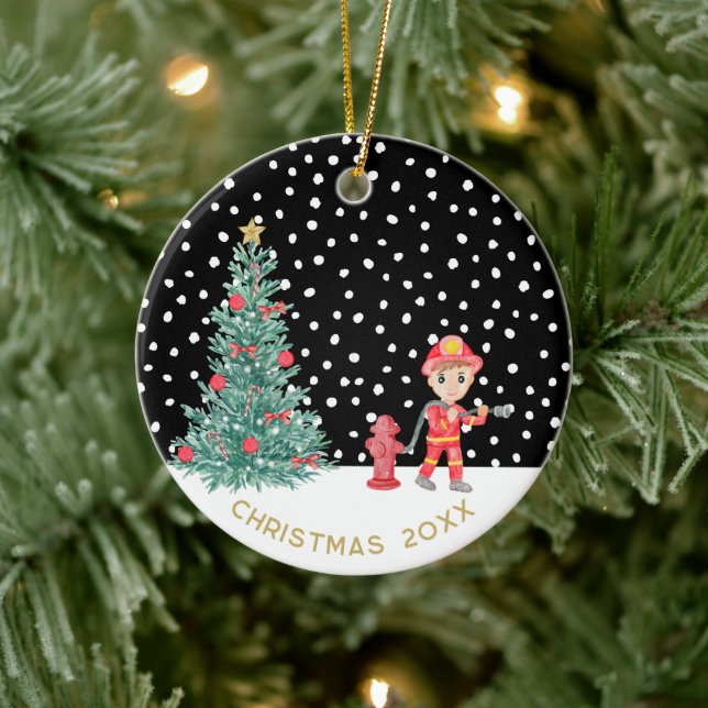 Custom Baby Keepsake Fireman Christmas Tree Ceramic Ornament (Tree)