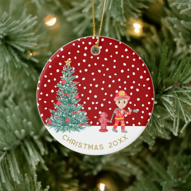 Custom Baby Keepsake Fireman Christmas Tree Ceramic Ornament (Tree)