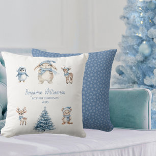 Custom Baby My 1st Christmas Woodland Throw Pillow