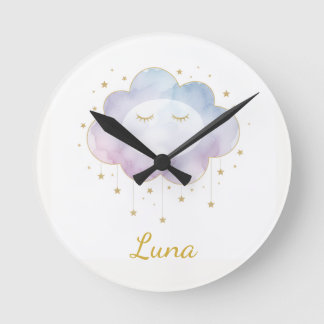 Custom Baby Name Lavender Watercolor Cloud Gold Ey Round Clock