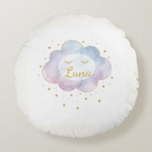 Custom Baby Name Lavender Watercolor Cloud Gold Ey Round Pillow