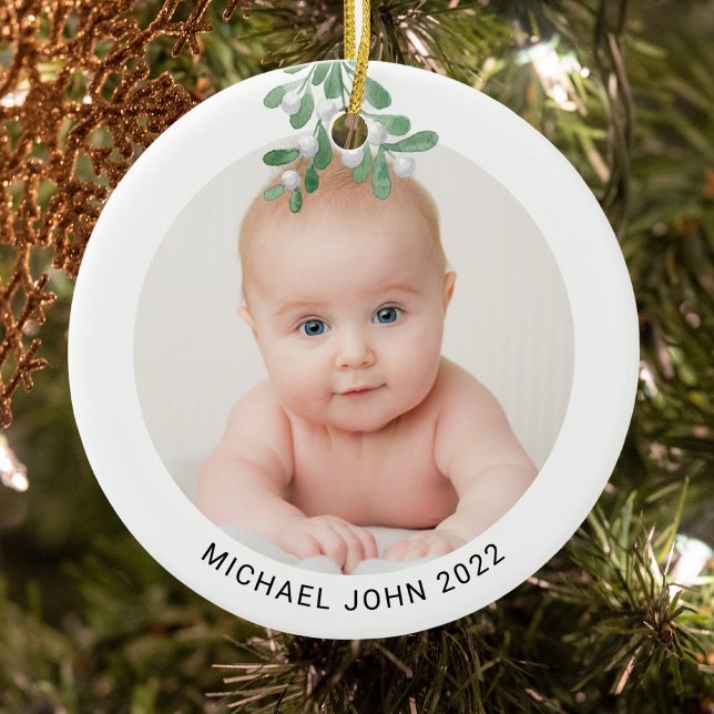 Custom Baby Name Photo Christmas Watercolor Ceramic Ornament (Creator Uploaded)
